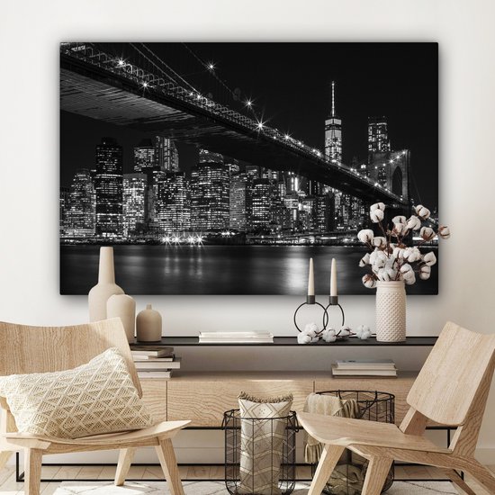 Photo noir et blanc du pont de Brooklyn à New York la nuit Toile 120x80 cm - Tirage photo sur toile (Décoration murale salon / chambre)