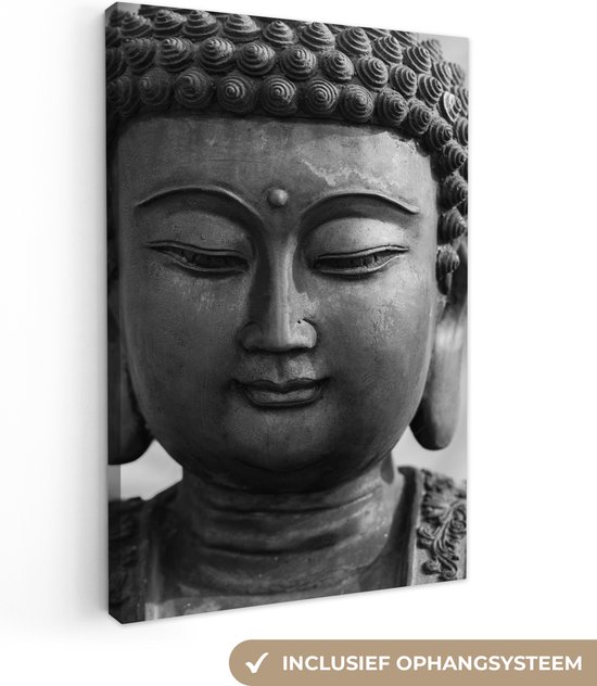 Canvas schilderij Boeddha beeld zwart wit 60x90 - Kamer decoratie accessoires - Buddha schilderijen woonkamer - Wanddecoratie slaapkamer - Muurdecoratie keuken - Muurdoek - Wanddoek interieur binnen - Woondecoratie huis - Woonaccessoires