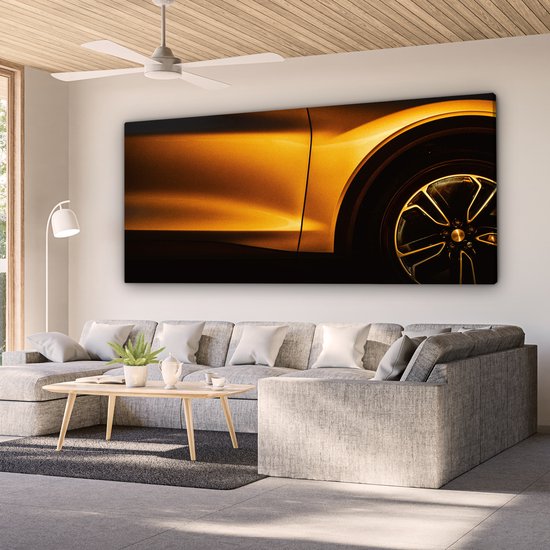 Canvas schilderij - Gouden auto 160x80 - Kamer decoratie accessoires - Schilderijen goud woonkamer - Wanddecoratie slaapkamer - Muurdecoratie keuken - Wall decoration - Wanddoek interieur binnen - Woondecoratie huis - Woonaccessoires