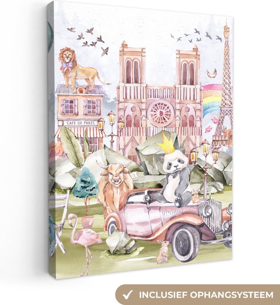 Canvas kinderen - Kinderkamer decoratie - Parijs - Dieren - Regenboog - Auto - Wanddecoratie jongens - Meisjes - Schilderijen op canvas - 30x40 cm