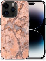 Telefoonhoesje Geschikt voor iPhone 15 Pro Leuk Case met Zwarte rand Marmer Oranje