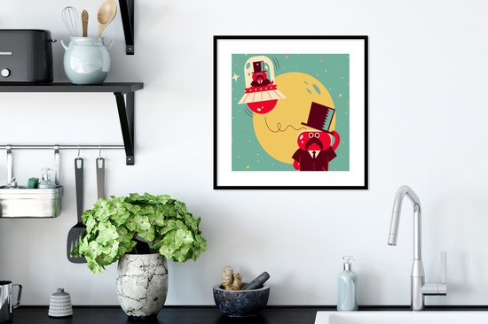 Photo en cadre - Une illustration d'un OVNI avec cadre photo extraterrestre juste habillé noir avec passe-partout blanc 40x40 cm - Affiche sous cadre (Décoration murale salon / chambre)