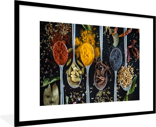 Cadre photo avec affiche - Herbes - Cuillère - Épices - Zwart - Cuisine -  120x80 cm -... | bol