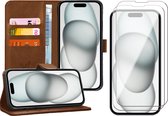 Hoesje geschikt voor iPhone 15 - 2x Screen Protector GlassGuard - Book Case Leer Pasjeshouder Bruin & Screenprotector
