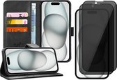 Hoesje geschikt voor iPhone 15 Plus - 2x Privacy Screen Protector FullGuard - Book Case Leer Pasjeshouder Zwart & Screenprotector