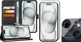 Hoesje geschikt voor iPhone 15 Plus - Screenprotector FullGuard & Camera Lens Screen Protector - Book Case Leer Pasjeshouder Zwart
