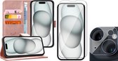Hoesje geschikt voor iPhone 15 - Screenprotector GlassGuard & Camera Lens Screen Protector - Book Case Leer Pasjeshouder Rosegoud