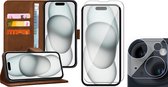 Hoesje geschikt voor iPhone 15 Plus - Screenprotector GlassGuard & Camera Lens Screen Protector - Book Case Leer Pasjeshouder Bruin