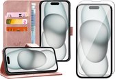 Hoesje geschikt voor iPhone 15 Plus - Screen Protector GlassGuard - Book Case Leer Pasjeshouder Rosegoud & Screenprotector