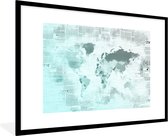 Fotolijst incl. Poster - Wereldkaart - Krant - Blauw - 90x60 cm - Posterlijst