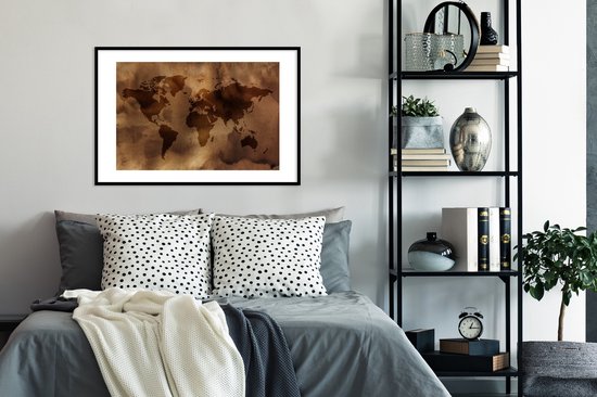 Carte du monde marron recouverte d'aquarelle marron 90x60 cm