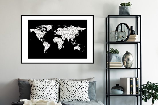 Wereldkaart en noir et blanc avec motif zigzag 120x80 cm