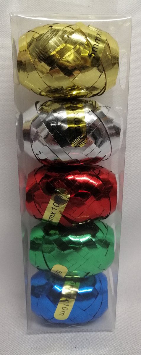 Kerst - Cadeau Lint - Krul Lint - 5 mm x 10 m - 5 Kleuren - Zilver-Goud-Rood-Groen-Blauw - Voordeel set 2 Stuks