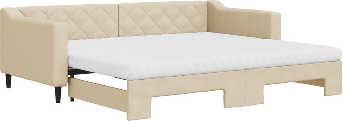 vidaXL Slaapbank - met - onderschuifbed - en - matrassen - 90x200 - cm - stof - crème