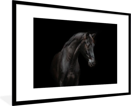 Photo encadrée - Portrait de cheval sur fond noir cadre photo noir avec passe partout blanc 80x120 120x80 cm - Affiche encadrée (Décoration murale salon / chambre)