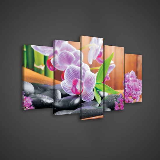 Canvas Schilderij - Bloemen - Orchidee - Plant - Spa - Natuur - Inclusief Frame - 100x60cm (lxb) - 5 Luiks