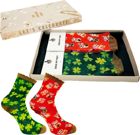 Sock My Feet geschenkdoos sokken dames 36 38 - cadeau voor vrouw - duurzaam - naadloos - Lucky Clover Lucky Cat
