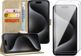 Hoesje geschikt voor iPhone 15 Pro Max - 2x Screen Protector GlassGuard - Book Case Leer Pasjeshouder Goud & Screenprotector