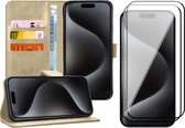 Hoesje geschikt voor iPhone 15 Pro Max - 2x Screen Protector FullGuard - Book Case Leer Pasjeshouder Goud & Screenprotector