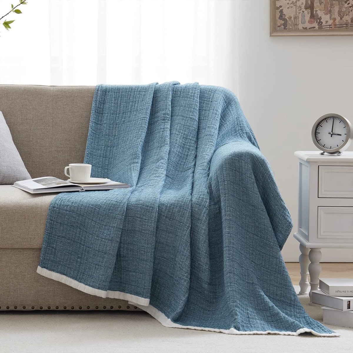Deken katoenen deken, 100%, 4-laags, zachte knuffeldeken, XL sprei, lichte, comfortabele katoenen mousseline deken voor het hele seizoen, bankdeken als banksprei, deken, pauwenblauw, 150 x 200 cm