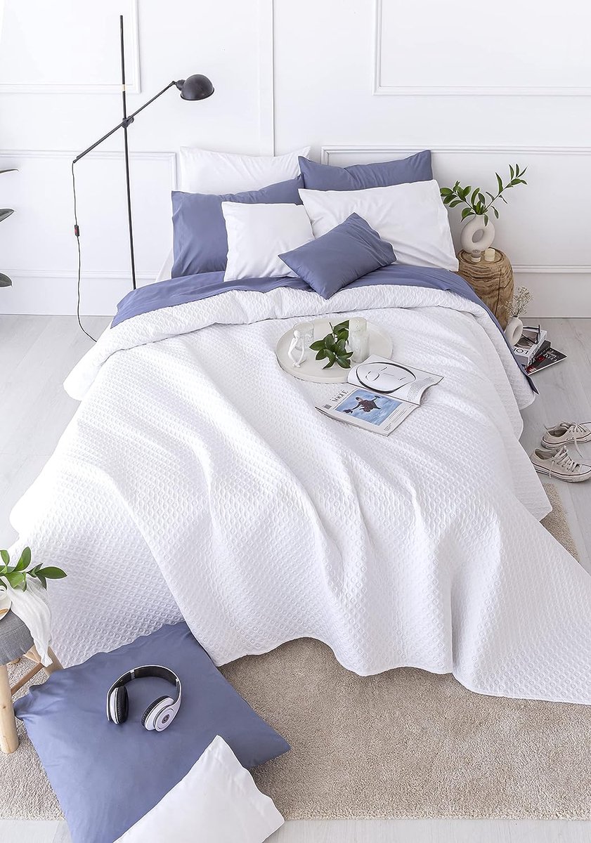 Sprei fijn gewatteerd piqué voor lente, zomer, herfst en winter 100% extra zacht microvezel multifunctioneel dekbed 105-200x260 cm wit thumbnail 2