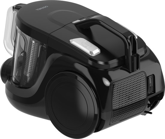 Aspirateur noir avec réservoir à poussière transparent, vu de l'arrière droit.