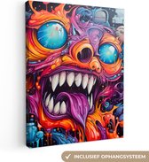 Canvas schilderij 60x80 cm - Wanddecoratie Monster - Graffiti - Kleuren - Oranje - Muurdecoratie woonkamer - Slaapkamer decoratie - Kamer accessoires - Schilderijen