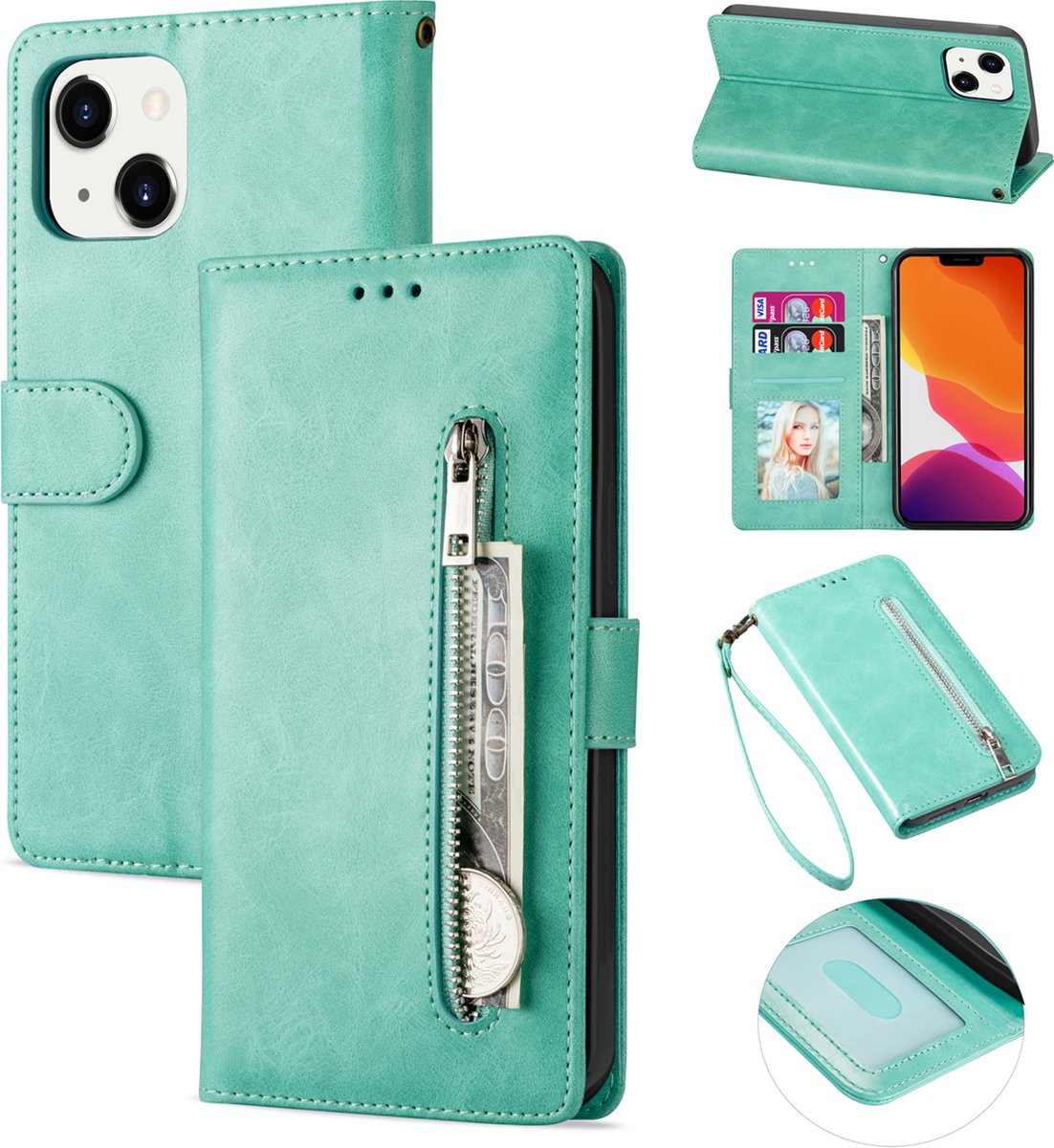 Luxe Telefoonhoesje geschikt voor Apple iPhone 15 - Hoogwaardig Leer - Pasjeshouder - Groen