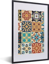 Fotolijst incl. Poster - Bloemen - Vintage - Patroon - Blauw - Oranje - 40x60 cm - Posterlijst