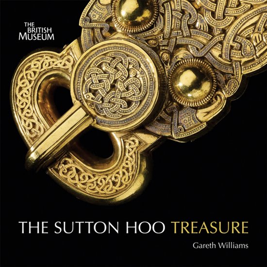 Gouden broche met Keltische knopen en Keltische patronen, met 'THE BRITISH MUSEUM' en 'THE SUTTON HOO TREASURE' tekst.