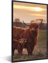 Poster - Cadre photo - Highlander écossais - Veau - Vache - Coucher de soleil - Nature - Affiche avec cadre - 20x30 cm - Affiche cadre - Poster nature - Décoration salon - Poster Highlander écossais