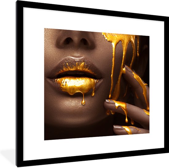 Fotolijst incl. Poster - Goud - Vrouw - Verf - Lippen - Luxe - 40x40 cm - Posterlijst