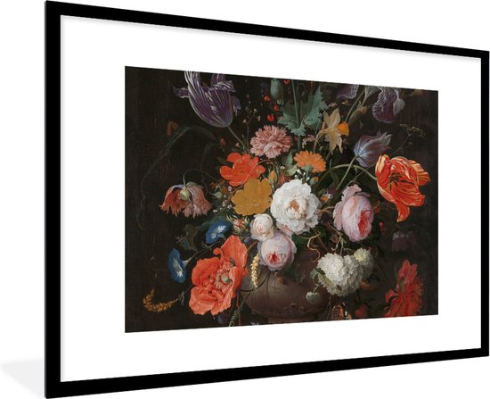 Fotolijst incl. Poster - Stilleven met bloemen en een horloge - Schilderij van Abraham Mignon - 90x60 cm - Posterlijst