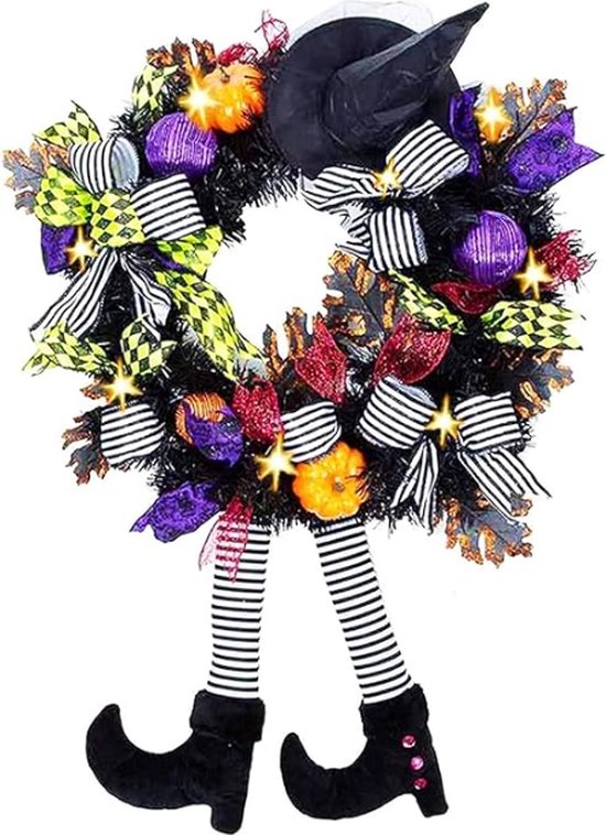 Lulu Home Couronne D'Halloween Avec 30 LED Violettes éclairées Pour Porte D'entrée Avec Chapeau De Sorcière - Décoration En Maille - Fonctionnement à Piles - Couronne De Porte Artificielle à Suspendre