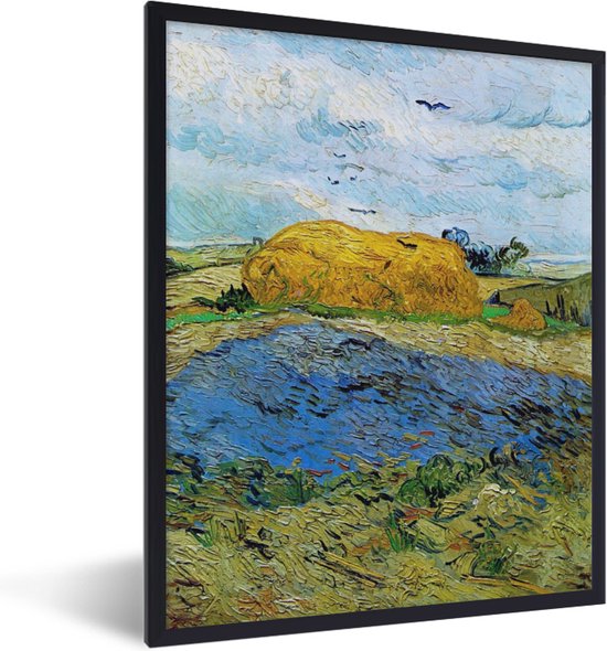 Fotolijst incl. Poster - Hooibalen onder een regenachtige lucht - Vincent van Gogh - 60x80 cm - Posterlijst