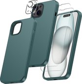 Hoesje Geschikt voor iPhone 15 Plus – Zacht siliconen liquid backcover met 2x screenprotector gehard glas en 1x lens protector – Pine Groen