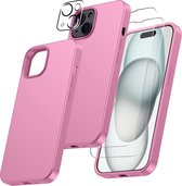 Hoesje Geschikt voor iPhone 15 – Zacht siliconen liquid backcover met 2x screenprotector gehard glas en 1x lens protector – Licht Roze