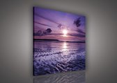 Canvas Schilderij - Zonsondergang - Strand - Wolken - Zon - Zee - Inclusief Frame - 80x80cm (lxb) - Paars