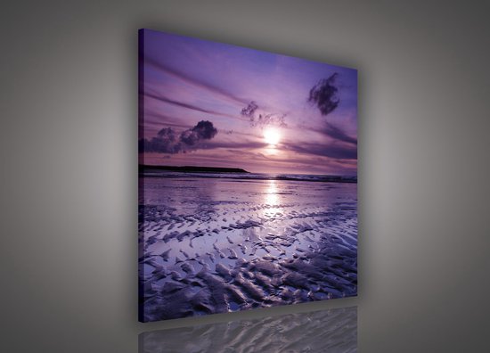 Canvas Schilderij - Zonsondergang - Strand - Wolken - Zon - Zee - Inclusief Frame - (lxb)