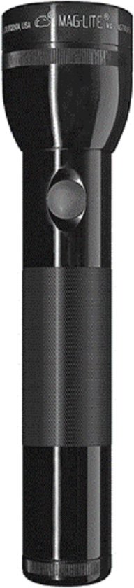 Zwarte Maglite zaklamp met een geribbeld handvat en een zilverkleurige kop, staand.