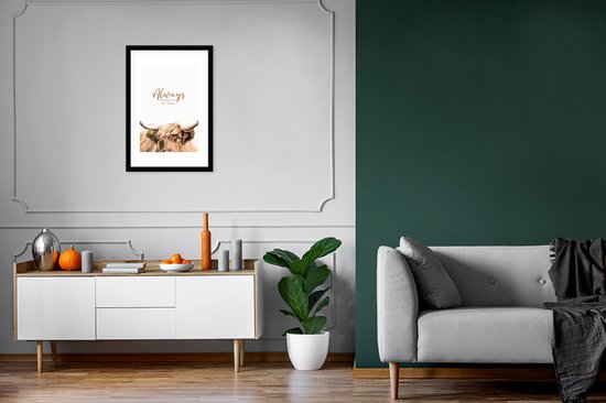 Poster in lijst - Fotolijst 40x60 cm - Posters - Schotse hooglander - Spreuken - Wit - Posterlijst zwart - Decoratie - Wanddecoratie woonkamer - Muurdecoratie slaapkamer