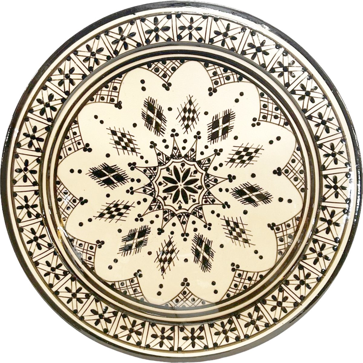 Handmade Marokkaanse aardewerk schaal - Oosterse keramische schaal - fruitschaal serveerschaal -zwart/ wit Ø35