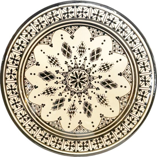 Handmade Marokkaanse aardewerk schaal - Oosterse keramische schaal - fruitschaal serveerschaal -zwart/ wit Ø35