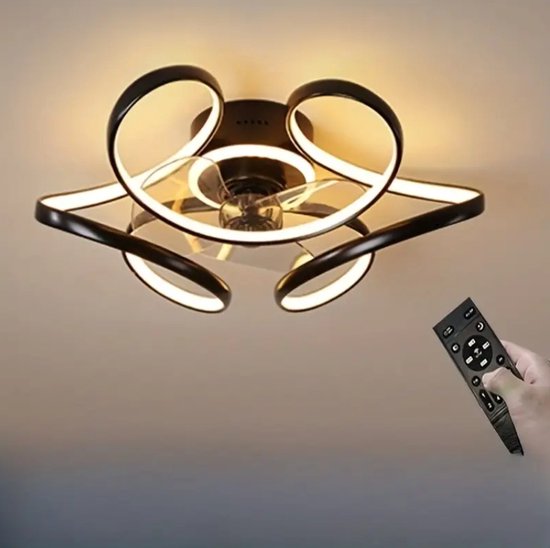 LuxiLamps - Krullen Ventilator Plafondlamp - Plafondventilator 50 cm - Zwart - Smart Lamp - Met Dimmer - 6 Standen Ventilator - Keuken Lamp - Woonkamer Lamp - Moderne Lamp - Slaapkamer Lamp Ventilator