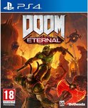DOOM Eternal PS4-speldoos met de Doom Slayer die op een demon springt, omringd door vuur en demonen.