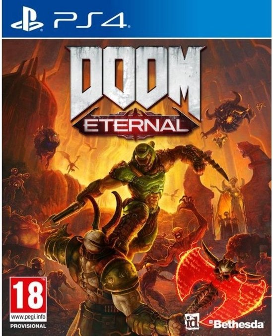 DOOM Eternal PS4-speldoos met de Doom Slayer die op een demon springt, omringd door vuur en demonen.