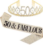 50 & Fabolous set met diadeem en sjerp deLuxe goud glitter - 50 - sarah - verjaardag - 50 & fabulous - sjerp - diadeem