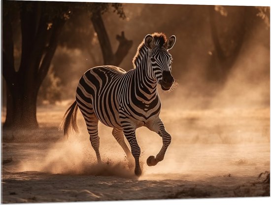 Acrylglas - Rennende Zebra in Landschap - 100x75 cm Foto op Acrylglas (Met Ophangsysteem)