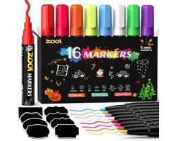 Set van 16 afwasbare krijtmarkers voor schoolbord, 6 mm krijtmarkers voor ramen, raamkrijtstift, whiteboard markers, afwasbare ramenstiften, kindvriendelijke raamkrijtjes, gemakkelijk uitwisbaar