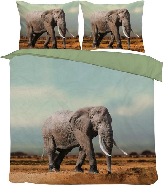 Dekbedovertrek Set-Antraciet Grijs-Groen- met grote olifant- Tweepersoons Lits-jumeaux -240 x 220-cm + 2 kussenslopen 60x70cm